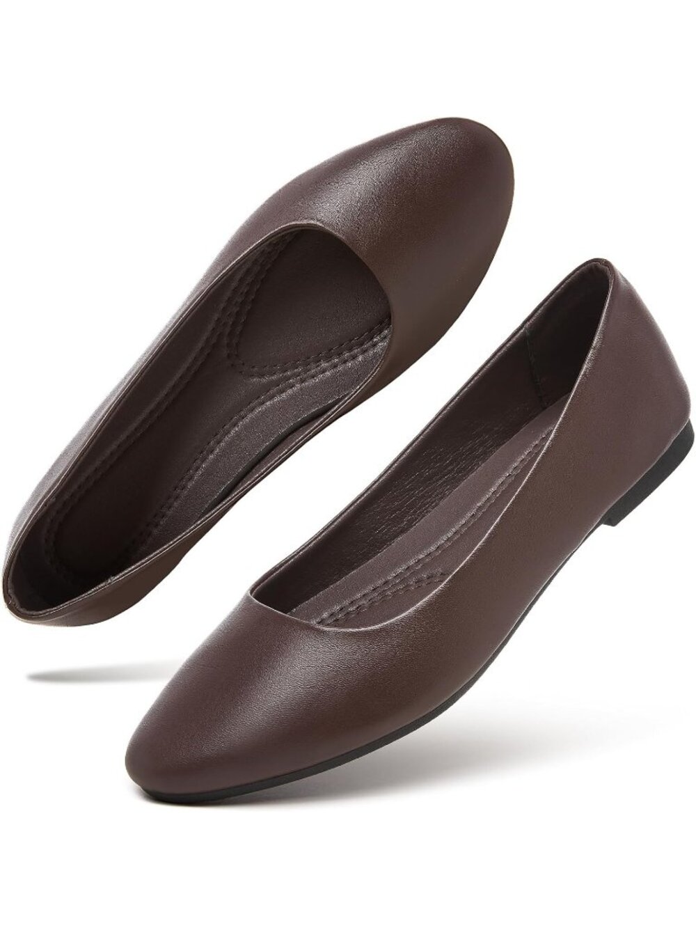 〽️Women's Ballet Flats Coffee PU Leather Dressy Round Toe Slip On Block Heel